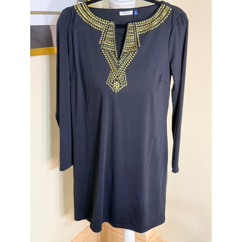 Cabana Life Navy Gold Studded UPF 50+ Sun Protection Shift Dress Medium NWT